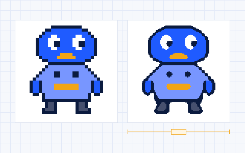 A sprite enlarged with integer nearest and with Scale2x